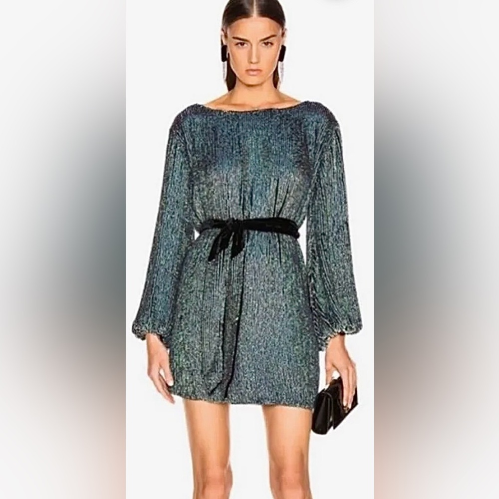 Retrofete Grace Sequin Mini Dress Velvet Sash & Puff Sleeve Keyhole Green Sz. XS